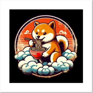 Funny Retro Shiba Inu Dog Eat Ramen Posters and Art